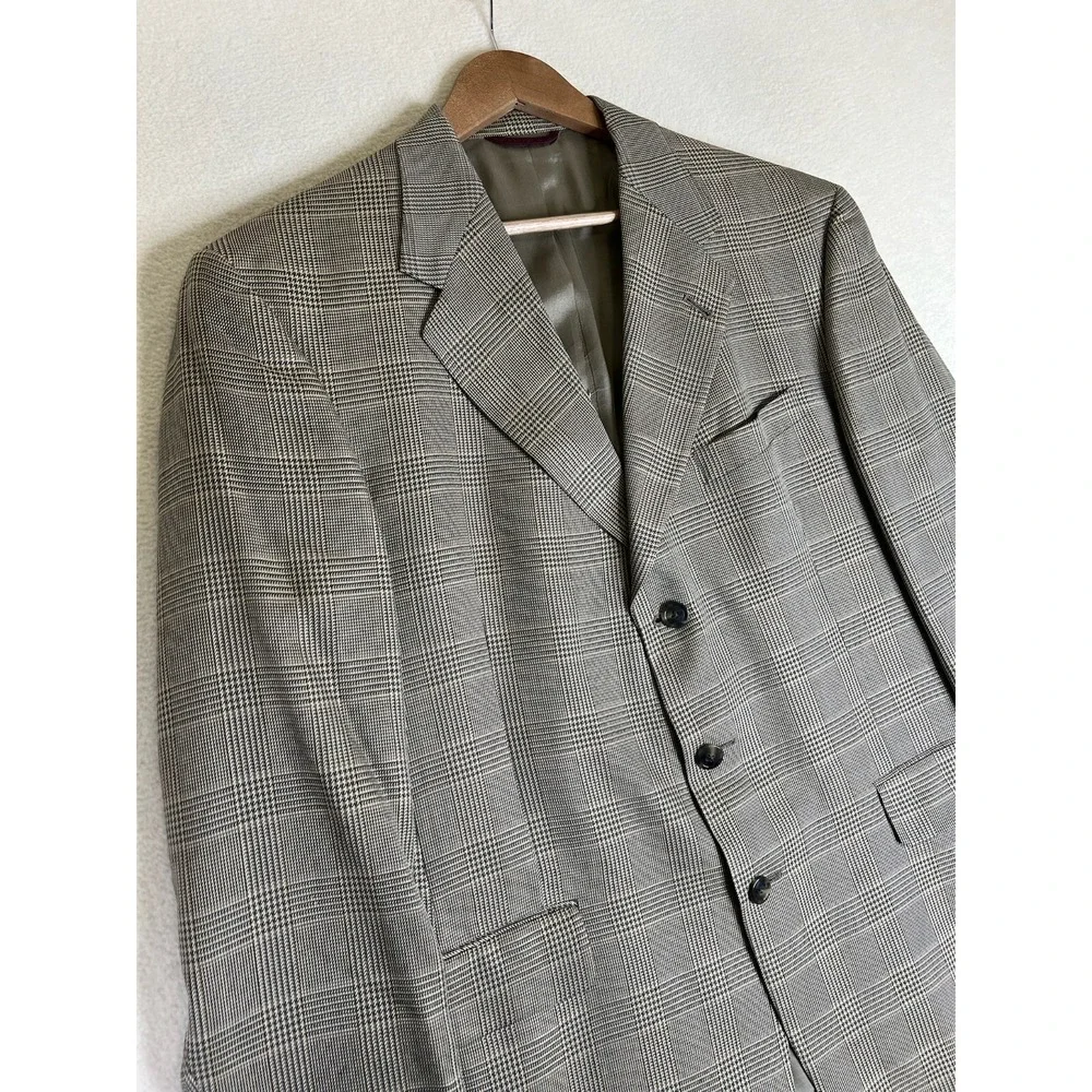Hart Schaffner Marx Blazer Men's 42R Beige Plaid Check 3 Button Suit Jacket Wool